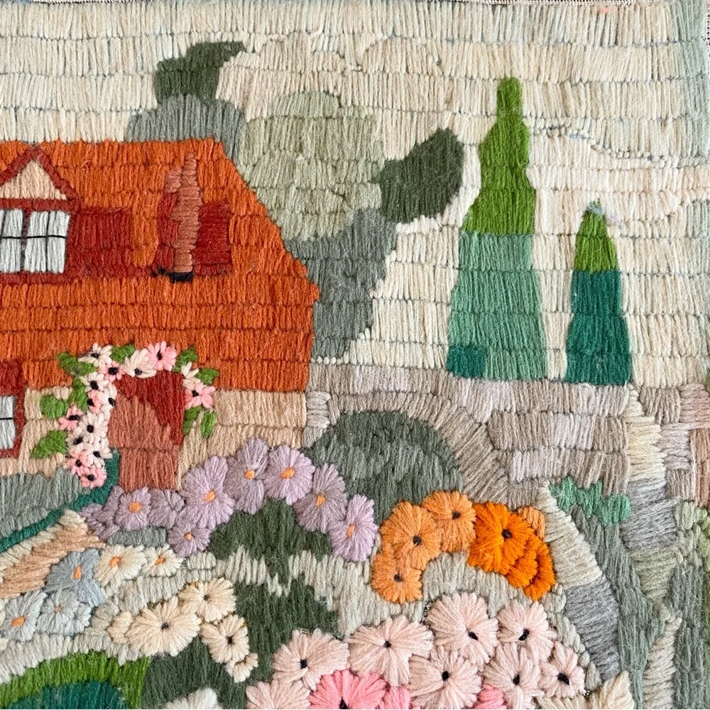 Vintage Handmade Cottage-core Longstitch Wall Fibre Art No Frame 13”x10.5” - Picture 7 of 8